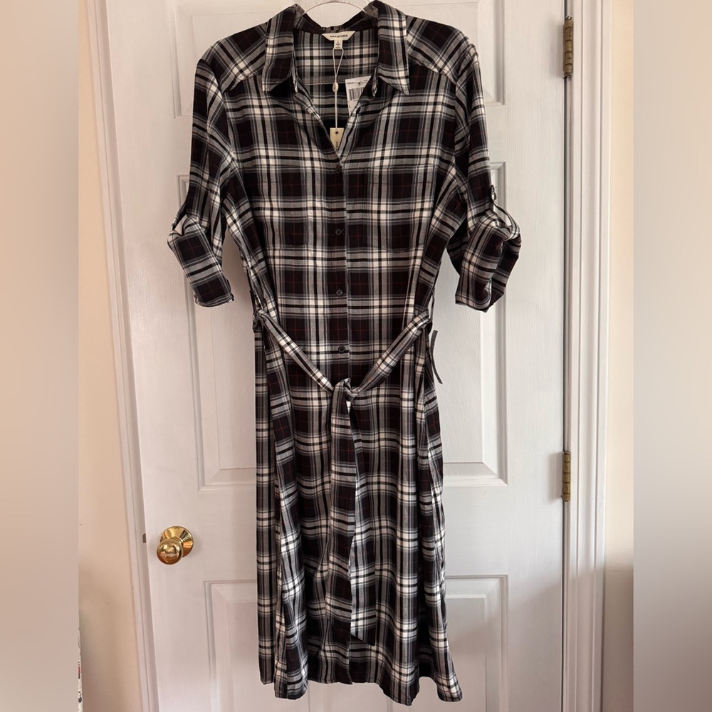 NWT Max Studio Black and White Plaid Button-Down Midi Shirt Dress